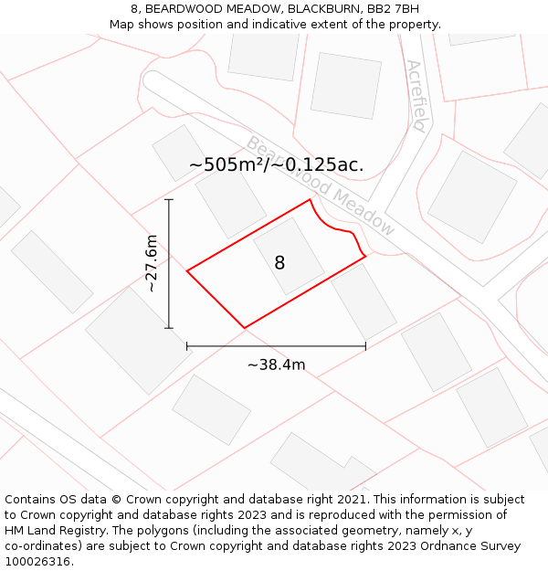 8, BEARDWOOD MEADOW, BLACKBURN, BB2 7BH: Plot and title map