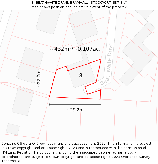 8, BEATHWAITE DRIVE, BRAMHALL, STOCKPORT, SK7 3NY: Plot and title map