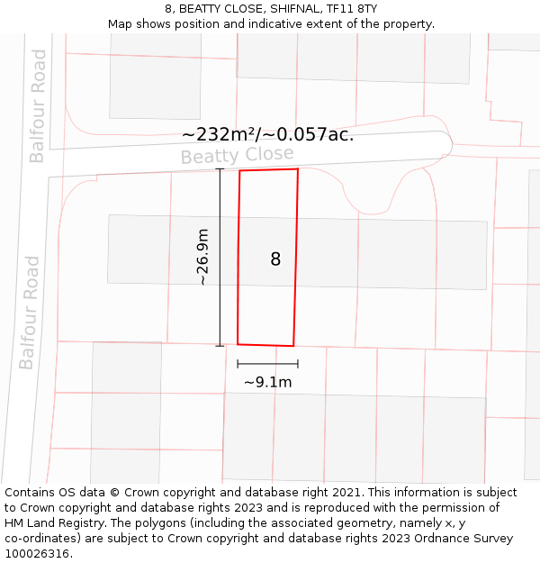 8, BEATTY CLOSE, SHIFNAL, TF11 8TY: Plot and title map