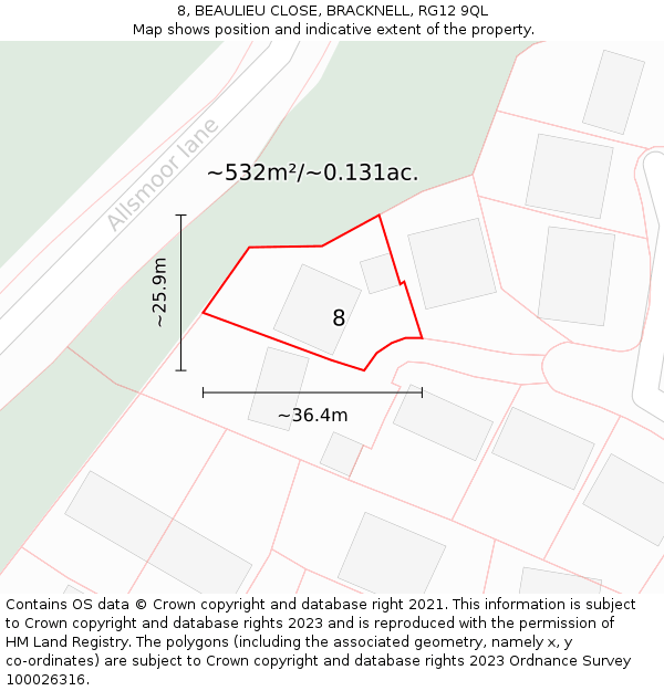 8, BEAULIEU CLOSE, BRACKNELL, RG12 9QL: Plot and title map