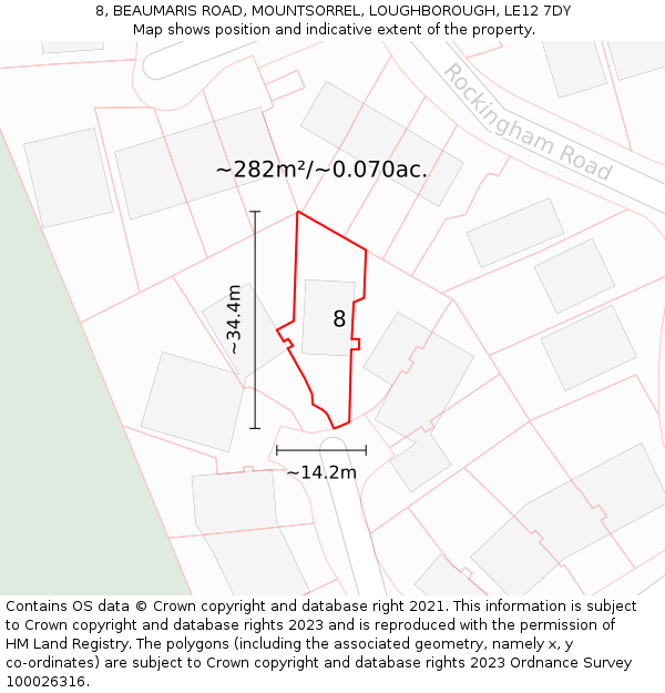 8, BEAUMARIS ROAD, MOUNTSORREL, LOUGHBOROUGH, LE12 7DY: Plot and title map