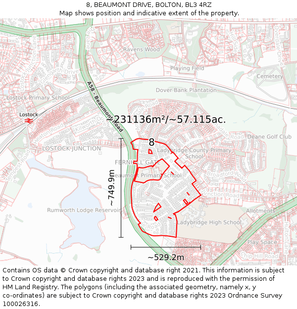 8, BEAUMONT DRIVE, BOLTON, BL3 4RZ: Plot and title map