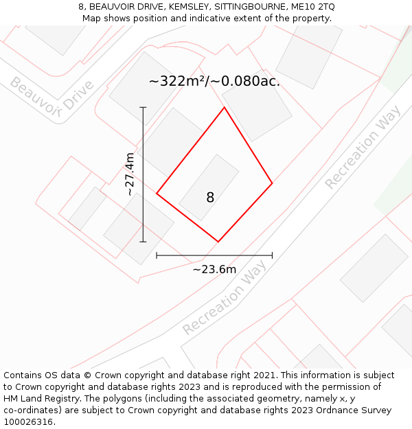 8, BEAUVOIR DRIVE, KEMSLEY, SITTINGBOURNE, ME10 2TQ: Plot and title map