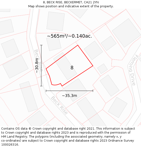 8, BECK RISE, BECKERMET, CA21 2YN: Plot and title map