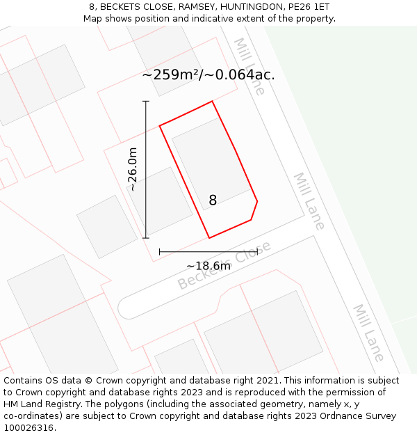 8, BECKETS CLOSE, RAMSEY, HUNTINGDON, PE26 1ET: Plot and title map