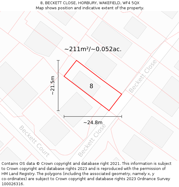 8, BECKETT CLOSE, HORBURY, WAKEFIELD, WF4 5QX: Plot and title map