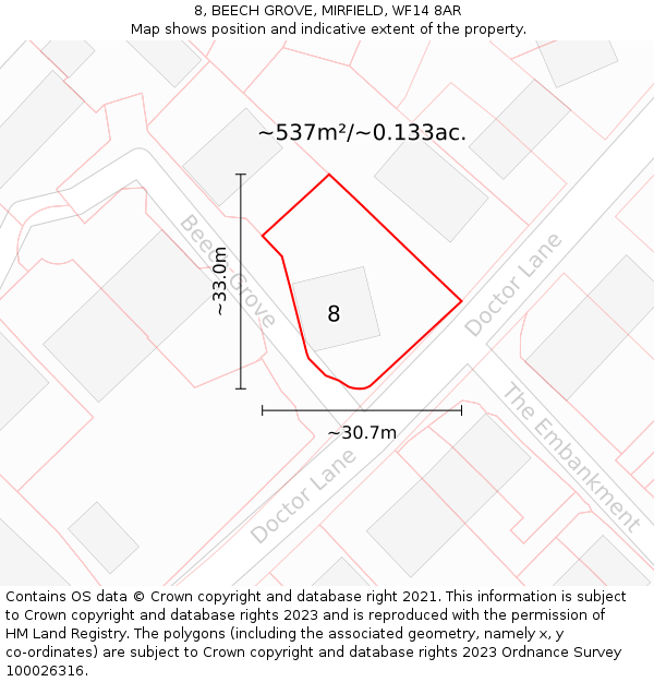 8, BEECH GROVE, MIRFIELD, WF14 8AR: Plot and title map