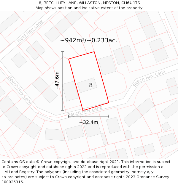 8, BEECH HEY LANE, WILLASTON, NESTON, CH64 1TS: Plot and title map