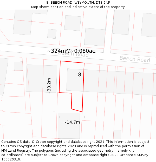 8, BEECH ROAD, WEYMOUTH, DT3 5NP: Plot and title map