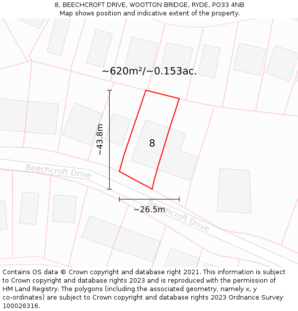 8, BEECHCROFT DRIVE, WOOTTON BRIDGE, RYDE, PO33 4NB: Plot and title map