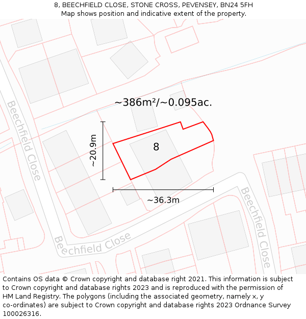 8, BEECHFIELD CLOSE, STONE CROSS, PEVENSEY, BN24 5FH: Plot and title map