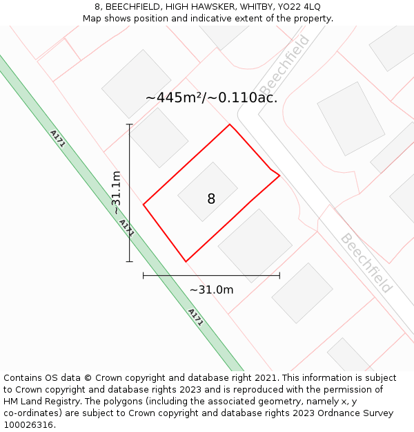 8, BEECHFIELD, HIGH HAWSKER, WHITBY, YO22 4LQ: Plot and title map