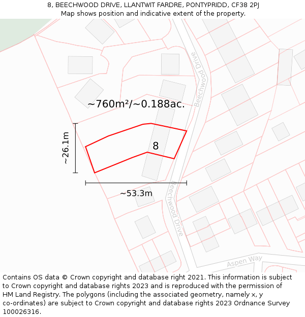 8, BEECHWOOD DRIVE, LLANTWIT FARDRE, PONTYPRIDD, CF38 2PJ: Plot and title map