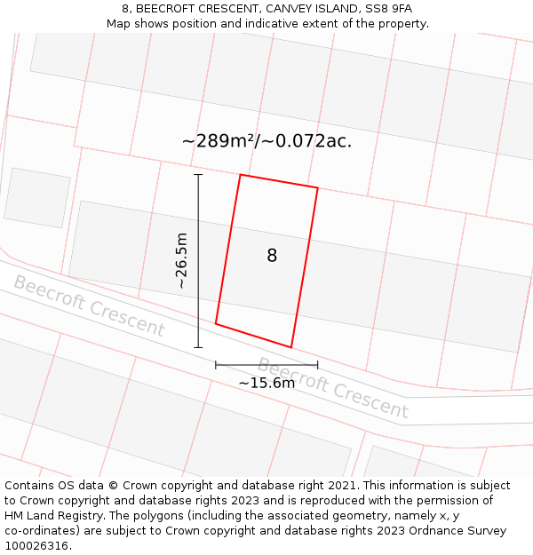 8, BEECROFT CRESCENT, CANVEY ISLAND, SS8 9FA: Plot and title map