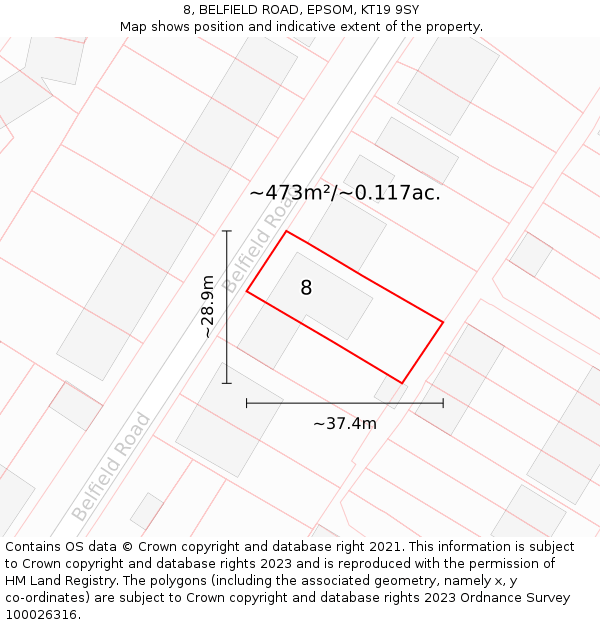 8, BELFIELD ROAD, EPSOM, KT19 9SY: Plot and title map