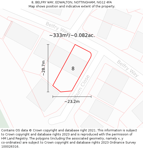 8, BELFRY WAY, EDWALTON, NOTTINGHAM, NG12 4FA: Plot and title map