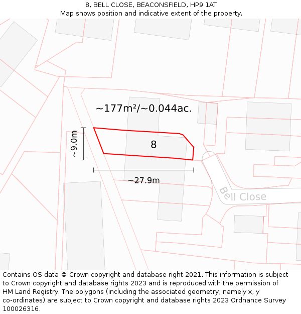 8, BELL CLOSE, BEACONSFIELD, HP9 1AT: Plot and title map