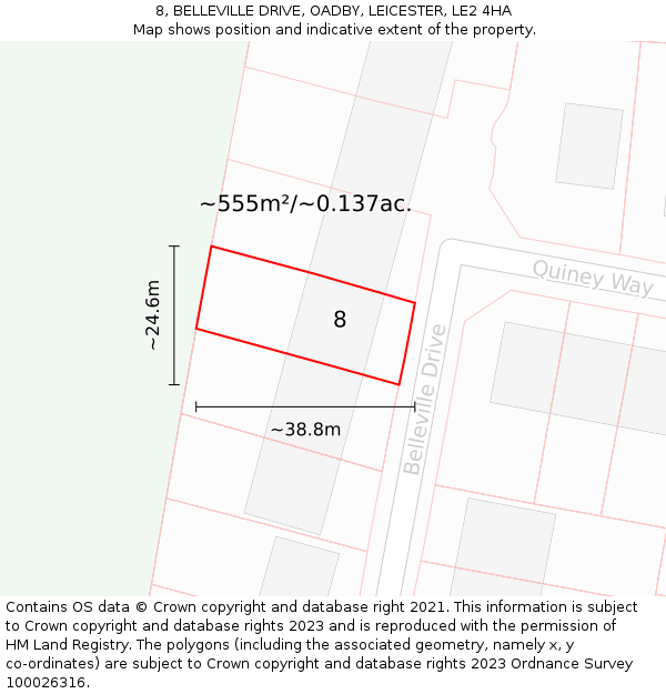 8, BELLEVILLE DRIVE, OADBY, LEICESTER, LE2 4HA: Plot and title map