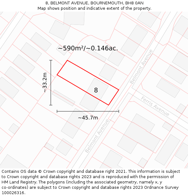 8, BELMONT AVENUE, BOURNEMOUTH, BH8 0AN: Plot and title map