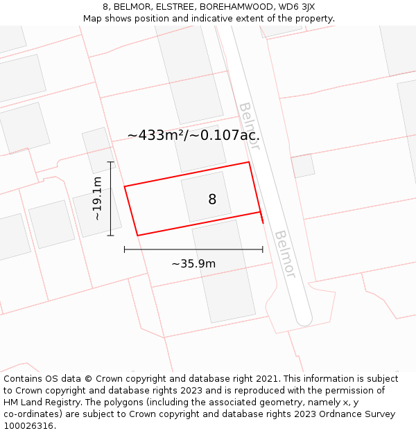 8, BELMOR, ELSTREE, BOREHAMWOOD, WD6 3JX: Plot and title map