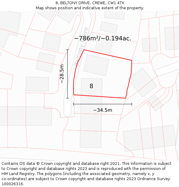 8, BELTONY DRIVE, CREWE, CW1 4TX: Plot and title map