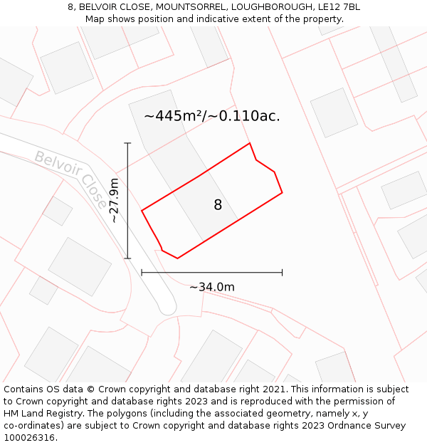 8, BELVOIR CLOSE, MOUNTSORREL, LOUGHBOROUGH, LE12 7BL: Plot and title map