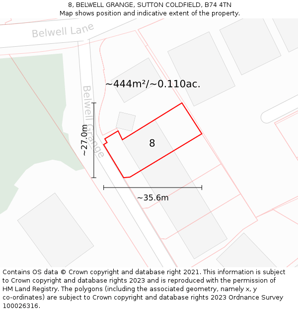 8, BELWELL GRANGE, SUTTON COLDFIELD, B74 4TN: Plot and title map