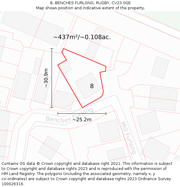 8, BENCHES FURLONG, RUGBY, CV23 0GE: Plot and title map