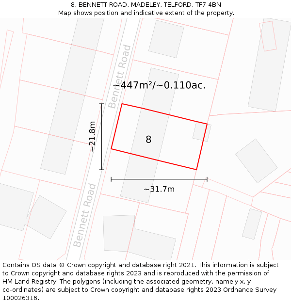 8, BENNETT ROAD, MADELEY, TELFORD, TF7 4BN: Plot and title map