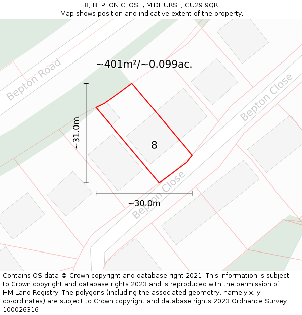 8, BEPTON CLOSE, MIDHURST, GU29 9QR: Plot and title map