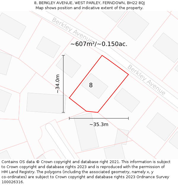 8, BERKLEY AVENUE, WEST PARLEY, FERNDOWN, BH22 8QJ: Plot and title map
