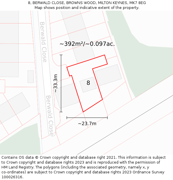 8, BERWALD CLOSE, BROWNS WOOD, MILTON KEYNES, MK7 8EG: Plot and title map