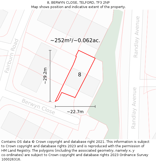 8, BERWYN CLOSE, TELFORD, TF3 2NP: Plot and title map