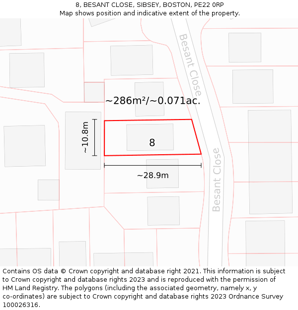 8, BESANT CLOSE, SIBSEY, BOSTON, PE22 0RP: Plot and title map