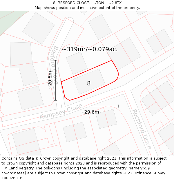 8, BESFORD CLOSE, LUTON, LU2 8TX: Plot and title map