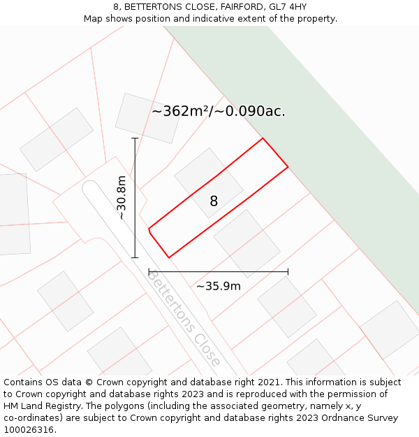 8, BETTERTONS CLOSE, FAIRFORD, GL7 4HY: Plot and title map