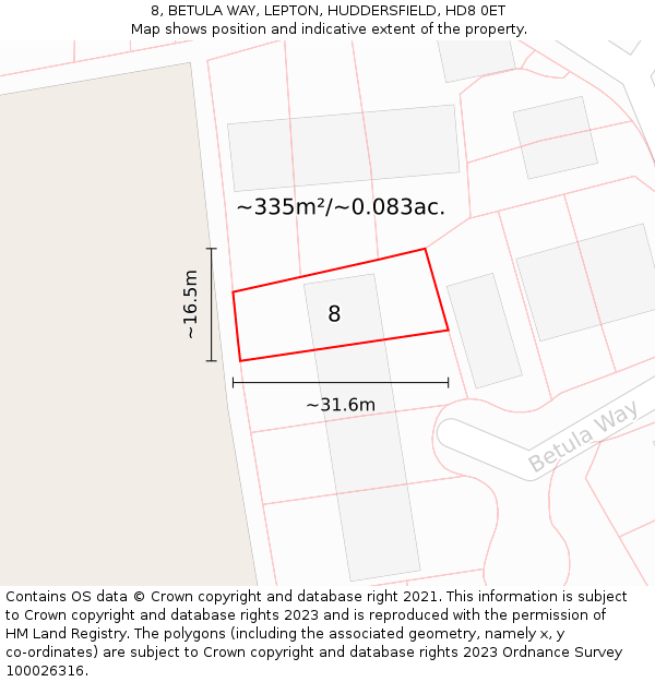 8, BETULA WAY, LEPTON, HUDDERSFIELD, HD8 0ET: Plot and title map