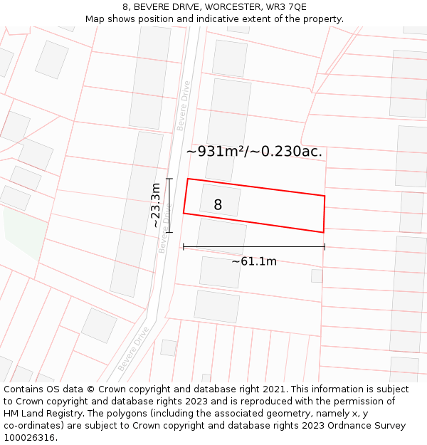 8, BEVERE DRIVE, WORCESTER, WR3 7QE: Plot and title map