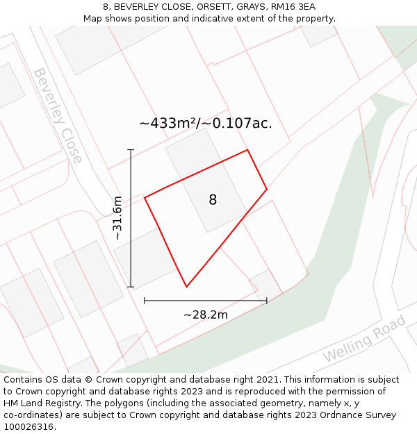 8, BEVERLEY CLOSE, ORSETT, GRAYS, RM16 3EA: Plot and title map