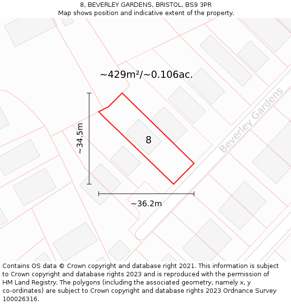 8, BEVERLEY GARDENS, BRISTOL, BS9 3PR: Plot and title map