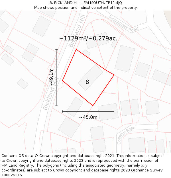 8, BICKLAND HILL, FALMOUTH, TR11 4JQ: Plot and title map