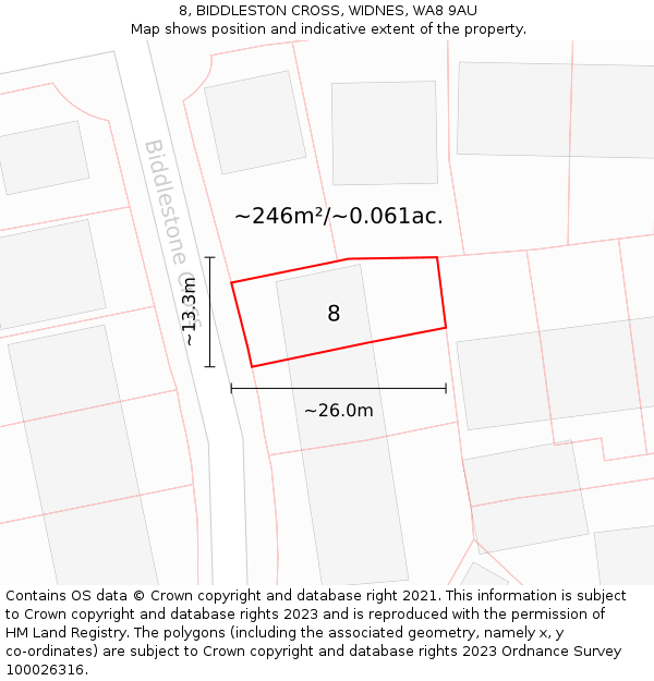 8, BIDDLESTON CROSS, WIDNES, WA8 9AU: Plot and title map