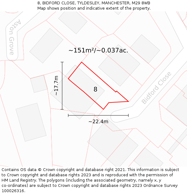 8, BIDFORD CLOSE, TYLDESLEY, MANCHESTER, M29 8WB: Plot and title map