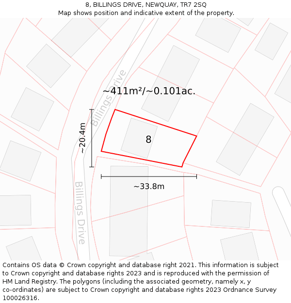 8, BILLINGS DRIVE, NEWQUAY, TR7 2SQ: Plot and title map