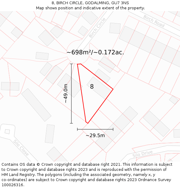 8, BIRCH CIRCLE, GODALMING, GU7 3NS: Plot and title map