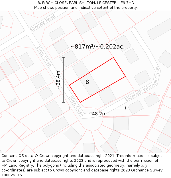 8, BIRCH CLOSE, EARL SHILTON, LEICESTER, LE9 7HD: Plot and title map