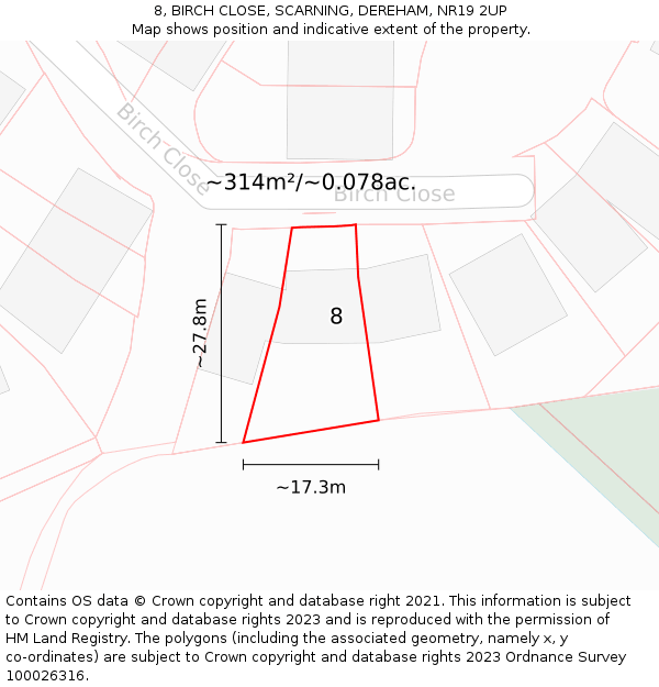 8, BIRCH CLOSE, SCARNING, DEREHAM, NR19 2UP: Plot and title map