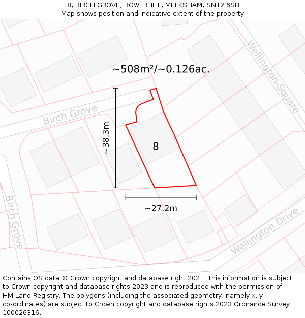 8, BIRCH GROVE, BOWERHILL, MELKSHAM, SN12 6SB: Plot and title map