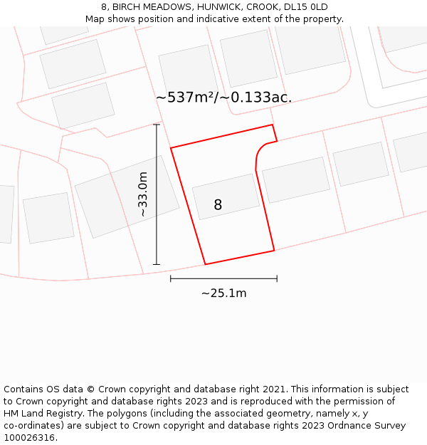 8, BIRCH MEADOWS, HUNWICK, CROOK, DL15 0LD: Plot and title map