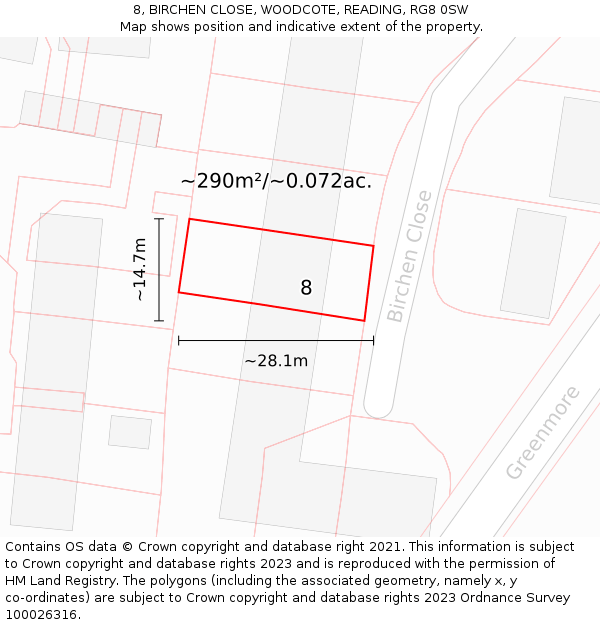 8, BIRCHEN CLOSE, WOODCOTE, READING, RG8 0SW: Plot and title map